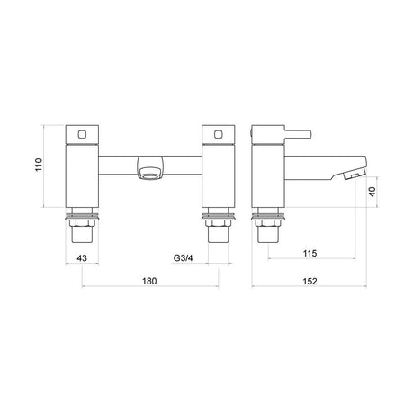 [BTTT605] Contemporary Bathroom Soft Square Deck Mounted Bath Filler Tap - Chrome - Technical Drawing