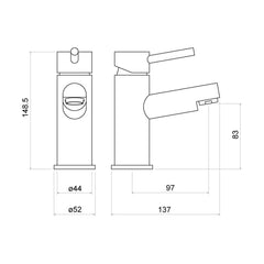 [BTTT702] Contemporary Minimalist Round Mono Basin Mixer Tap - Chrome - Technical Drawing