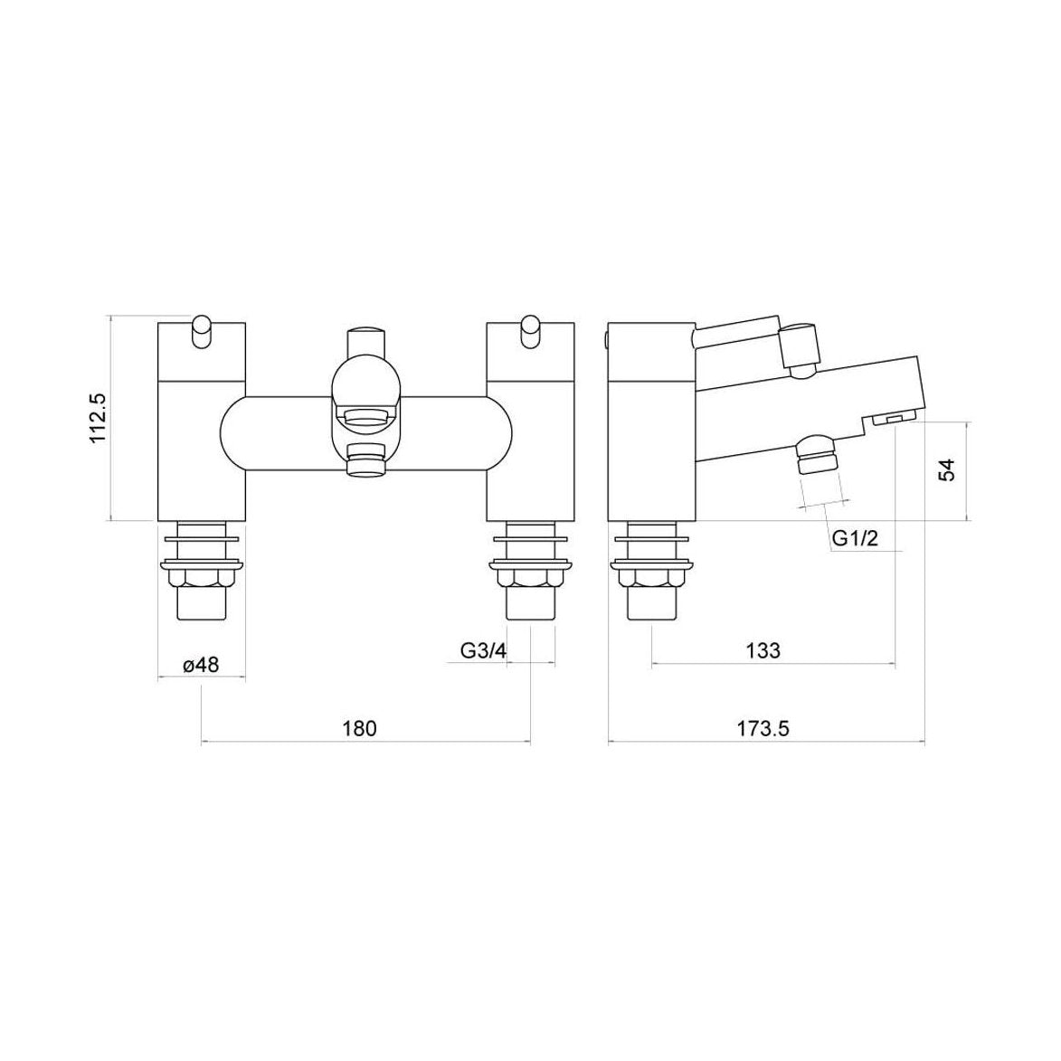 [BTTT704] Contemporary Minimalist Round Deck Mounted Bath Shower Mixer Tap with Kit - Chrome - Technical Drawing