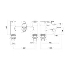 [BTTT704] Contemporary Minimalist Round Deck Mounted Bath Shower Mixer Tap with Kit - Chrome - Technical Drawing