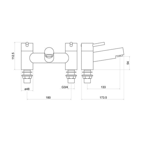 [BTTT705] Contemporary Minimalist Round Deck Mounted Bath Filler Tap - Chrome - Technical Drawing