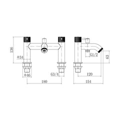 [BTTT762] Round Deck Mounted Bath Shower Mixer Tap with Industrial Style Detailing - Black - Technical Drawing