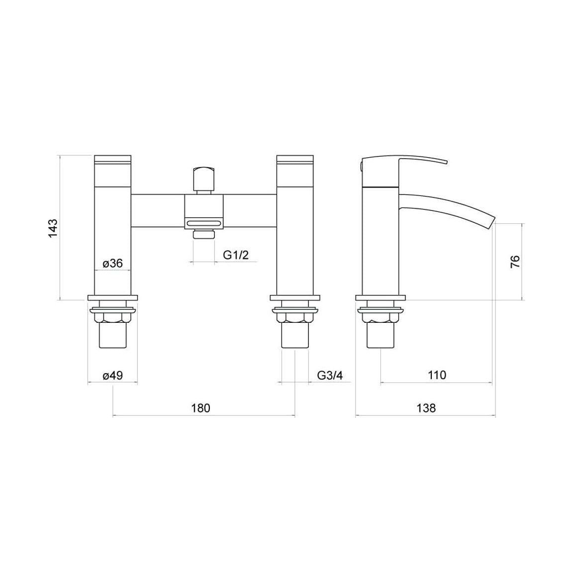 [BTTT804] Knole Bath Shower Mixer cw Shower Kit - Technical Drawing