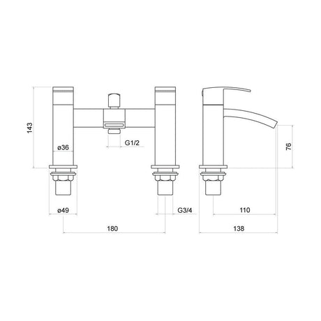 [BTTT804] Knole Bath Shower Mixer cw Shower Kit - Technical Drawing