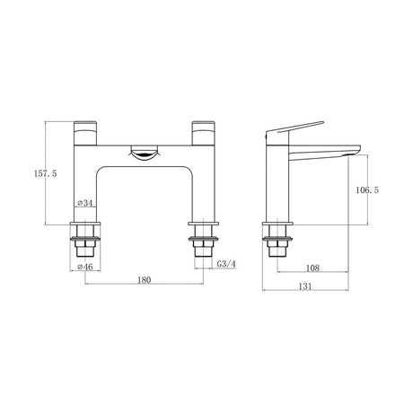 [BTTT853] Contemporary Deck Mounted Bath Filler Tap with Two Lever Handles - Chrome - Technical Drawing