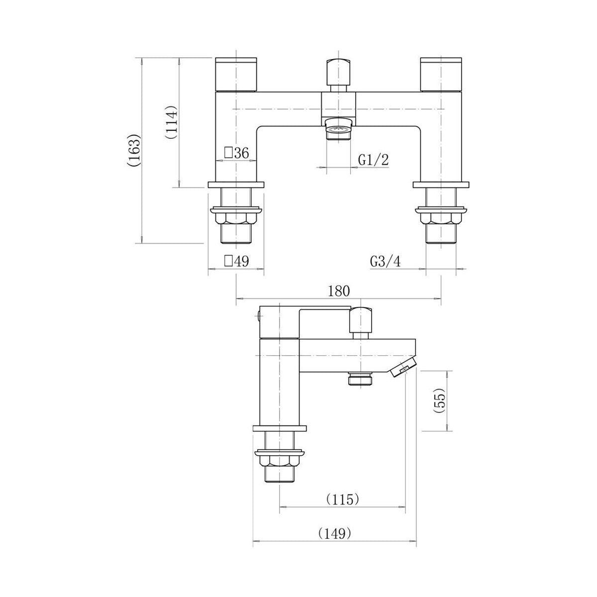 [BTTT924] Kawa BLK Bath Shower Mixer cw Shower Kit - Technical Drawing