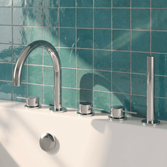 [BTV314C] Penkhull Contemporary 5 Tap Hole Deck Mounted Bath Shower Mixer Tap with Minimalist Lever Handles and Shower Kit - Choice of Spout and Colour - Lifestyle 1