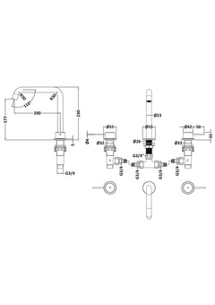 [BTV333P] Penkhull Contemporary 3 Tap Hole Deck Mounted Bath Mixer Tap with Minimalist Lever Handles - Choice of Spout and Colour - Line Drawing