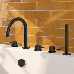 [BTV414C] Penkhull Contemporary 5 Tap Hole Deck Mounted Bath Shower Mixer Tap with Minimalist Lever Handles and Shower Kit - Choice of Spout and Colour - Lifestyle 1