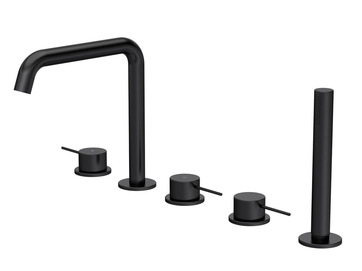 [BTV414P] Penkhull Contemporary 5 Tap Hole Deck Mounted Bath Shower Mixer Tap with Minimalist Lever Handles and Shower Kit - Choice of Spout and Colour - Cutout