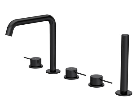 [BTV414P] Penkhull Contemporary 5 Tap Hole Deck Mounted Bath Shower Mixer Tap with Minimalist Lever Handles and Shower Kit - Choice of Spout and Colour - Cutout