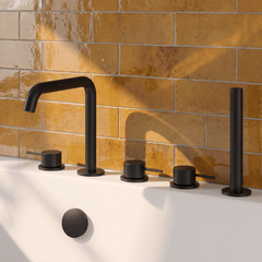 [BTV414P] Penkhull Contemporary 5 Tap Hole Deck Mounted Bath Shower Mixer Tap with Minimalist Lever Handles and Shower Kit - Choice of Spout and Colour - Lifestyle 1