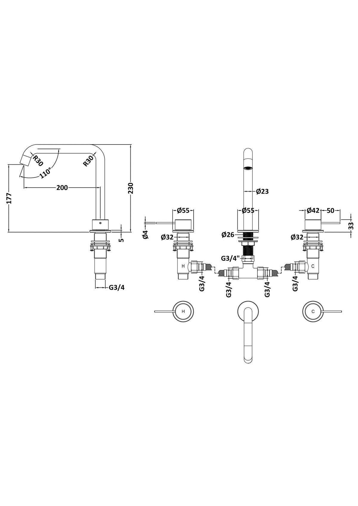[BTV433P] Penkhull Contemporary 3 Tap Hole Deck Mounted Bath Mixer Tap with Minimalist Lever Handles - Choice of Spout and Colour - Line Drawing