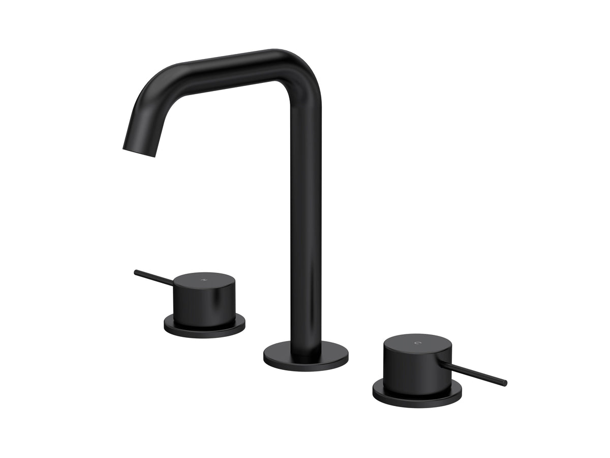 [BTV437P] Penkhull Contemporary 3 Tap Hole Basin Mixer Tap with Minimalist Lever Handles and Waste - Choice of Spout and Colour - Cutout