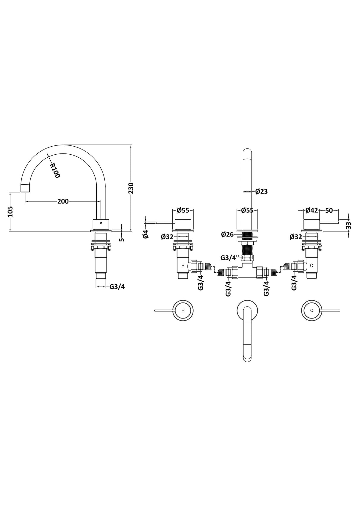 [BTV833C] Penkhull Contemporary 3 Tap Hole Deck Mounted Bath Mixer Tap with Minimalist Lever Handles - Choice of Spout and Colour - Line Drawing
