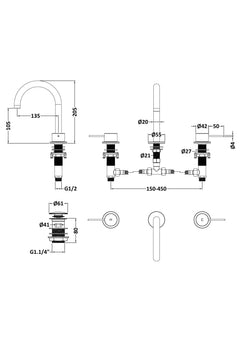 [BTV837C] Penkhull Contemporary 3 Tap Hole Basin Mixer Tap with Minimalist Lever Handles and Waste - Choice of Spout and Colour - Line Drawing