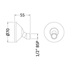 [BTWC3130] Modern Bathroom Pair of Wall-Mount Couplings, 25mm x 65mm, Chrome - Technical Drawing
