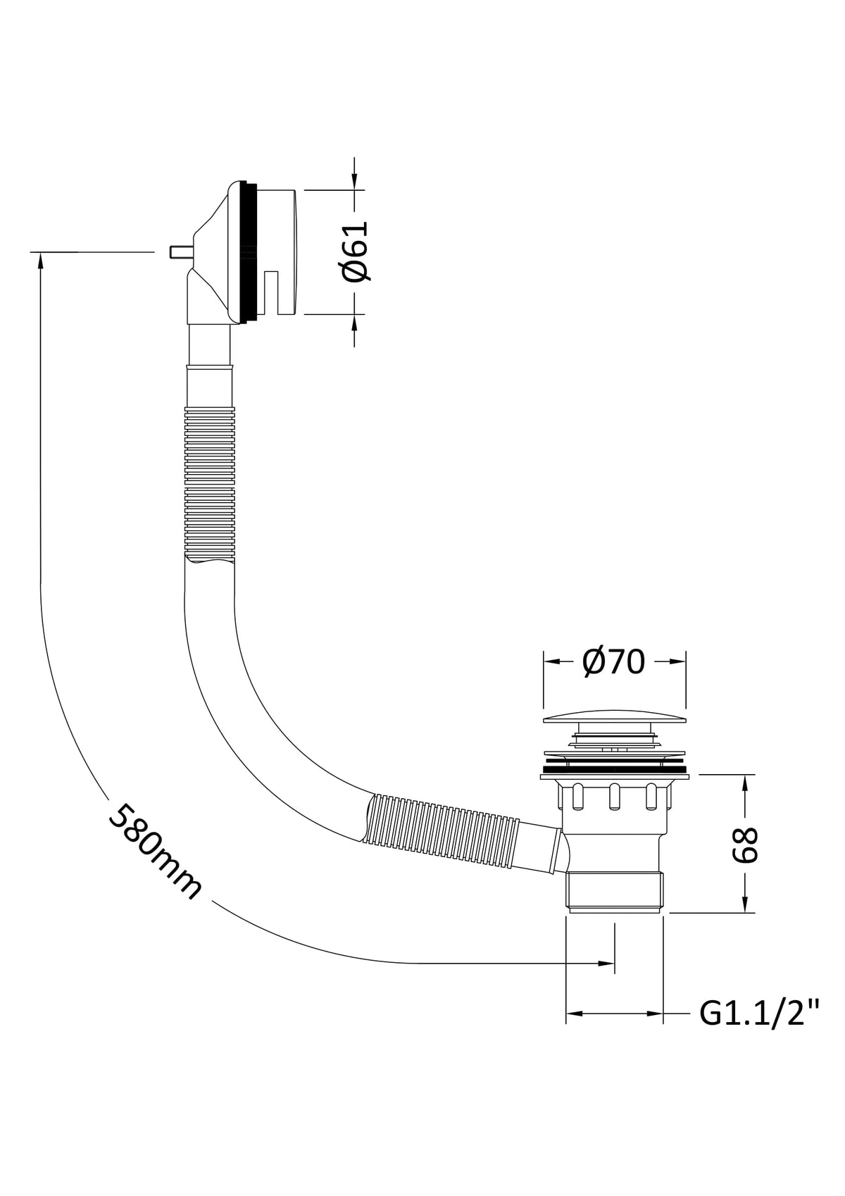 [BWE727] Contemporary Push Button Round Bath Waste for Baths Up to 13mm Thick, Choice of Finish - Technical Drawing