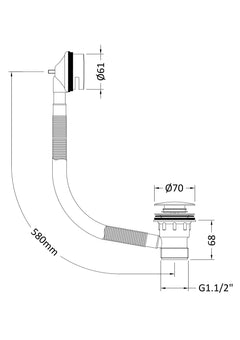[BWE727] Contemporary Push Button Round Bath Waste for Baths Up to 13mm Thick, Choice of Finish - Technical Drawing