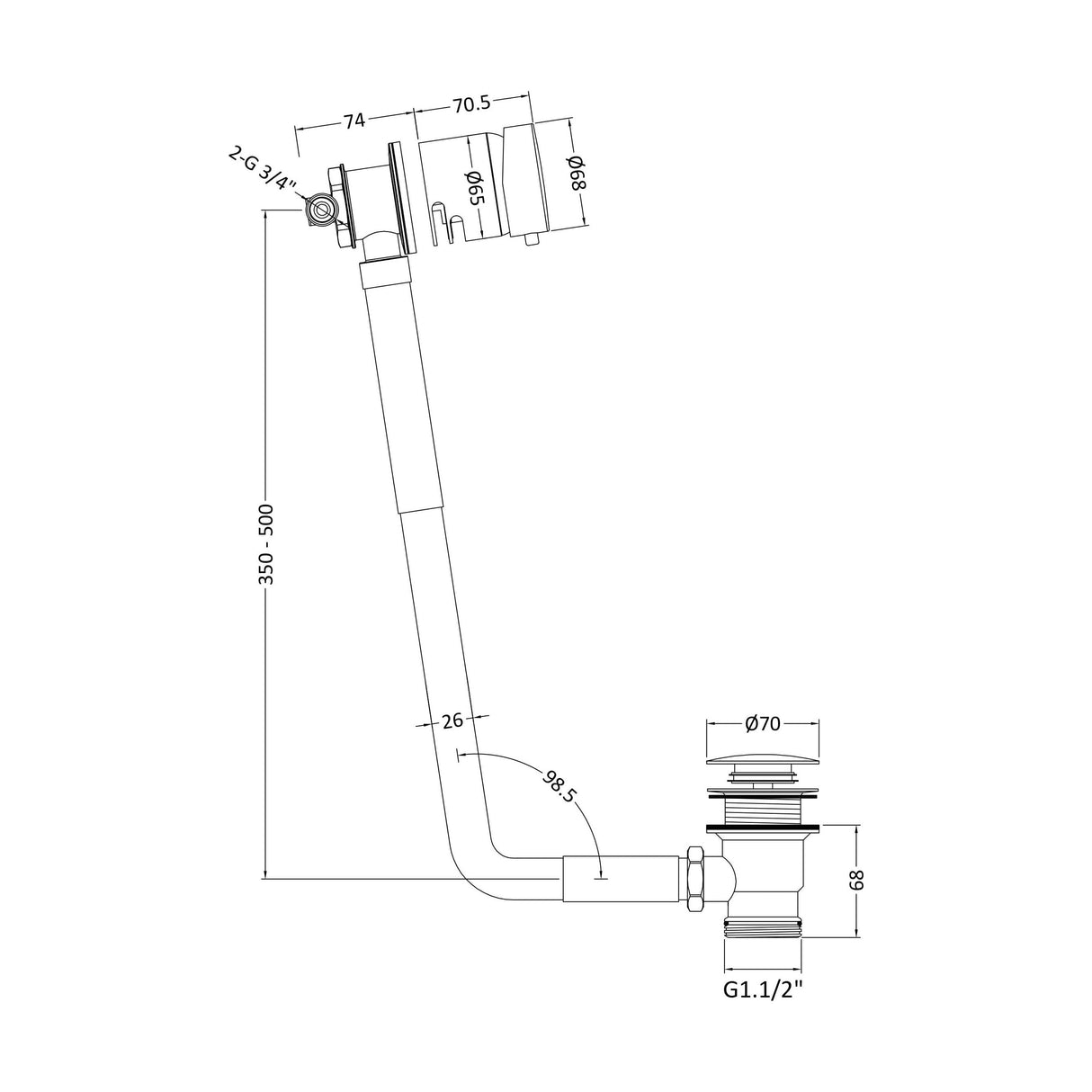 [BWE801] Single Lever Freeflow Bath Filler - Technical Drawing