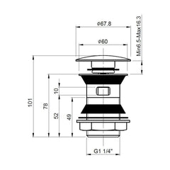 [BWER807] Push Button Basin Waste Slotted - Technical Drawing