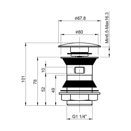 [BWER807] Push Button Basin Waste Slotted - Technical Drawing