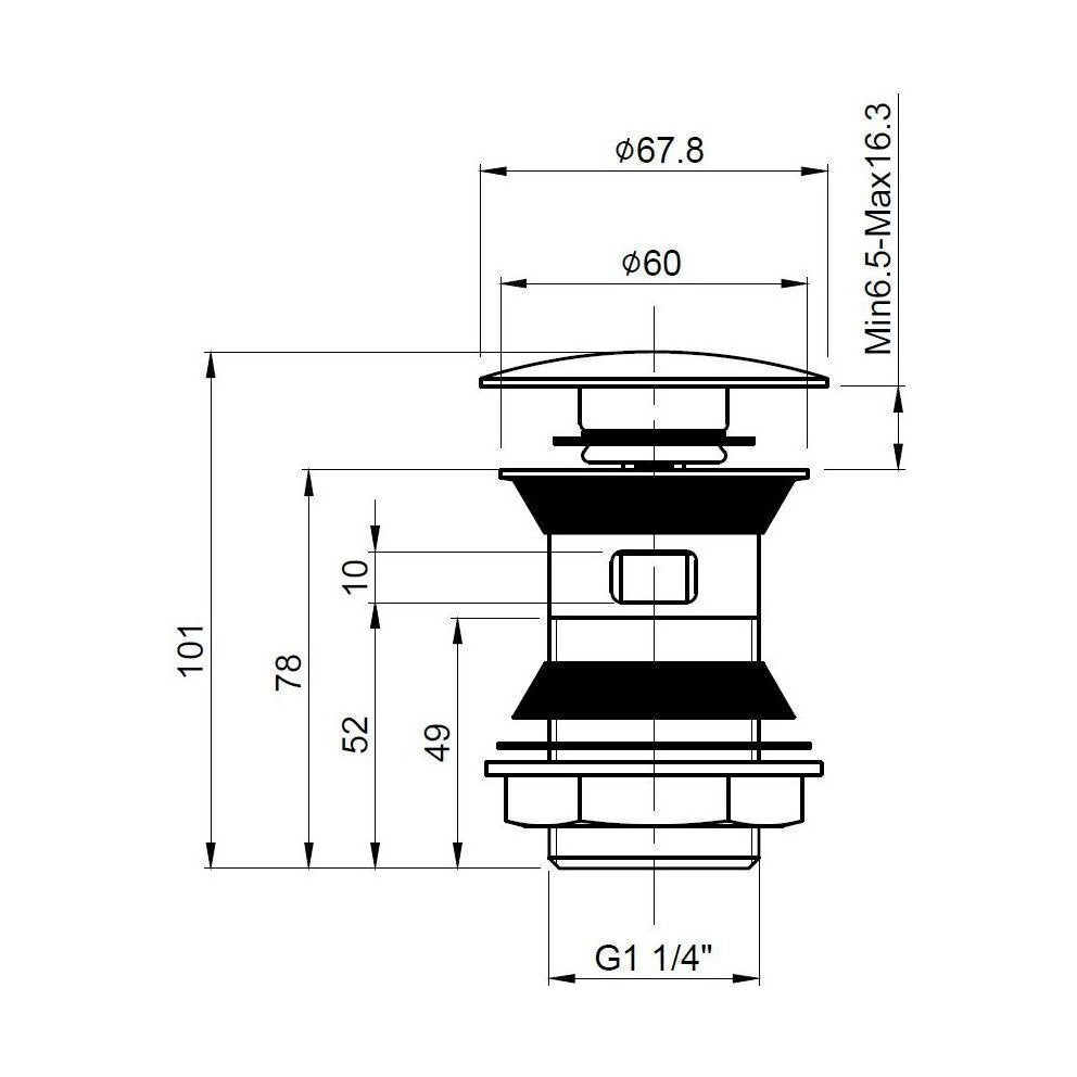 [BWER807] Push Button Basin Waste Slotted, Choice of Finish - Technical Drawing