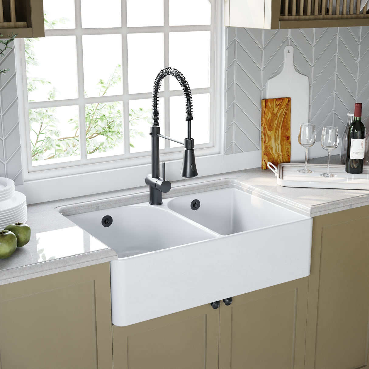 Double Bowl Fireclay Ceramic Butler Kitchen Sink - with Full Weir, Overflow & No Tap Hole