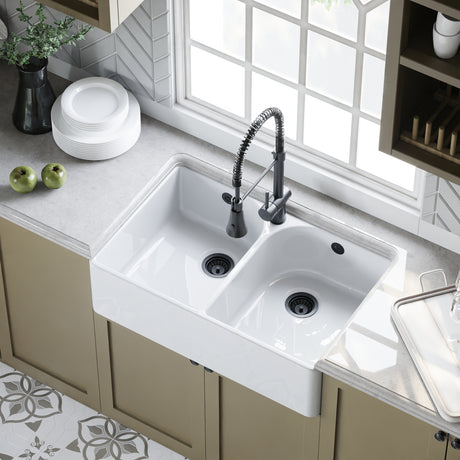 Double Bowl Fireclay Ceramic Butler Kitchen Sink - with Full Weir, Overflow & No Tap Hole