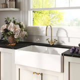 Fireclay Kitchen Bundle - Double Bowl Stepped Weir Butler Sink, Wastes & Mono Crosshead Tap, 795mm - Brushed Brass