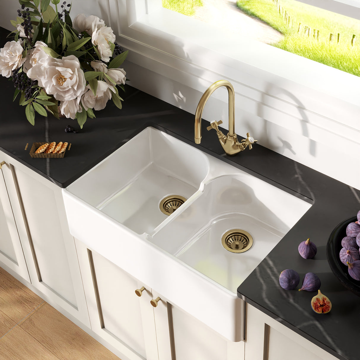 Fireclay Kitchen Bundle - Double Bowl Stepped Weir Butler Sink, Wastes & Mono Crosshead Tap, 795mm - Brushed Brass