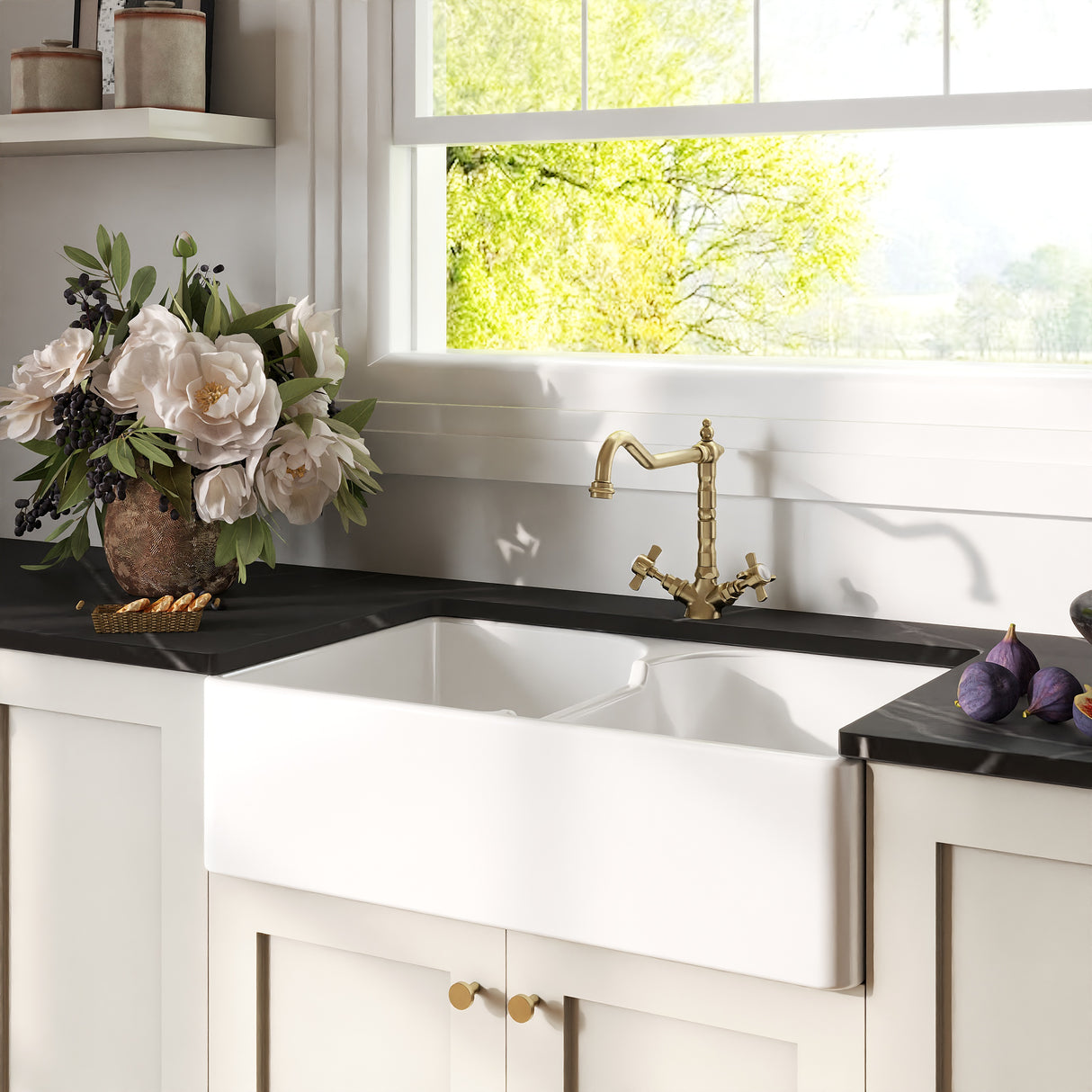 Fireclay Kitchen Bundle - Double Bowl Stepped Weir Butler Sink, Wastes & French Classic Tap, 795mm - Brushed Brass