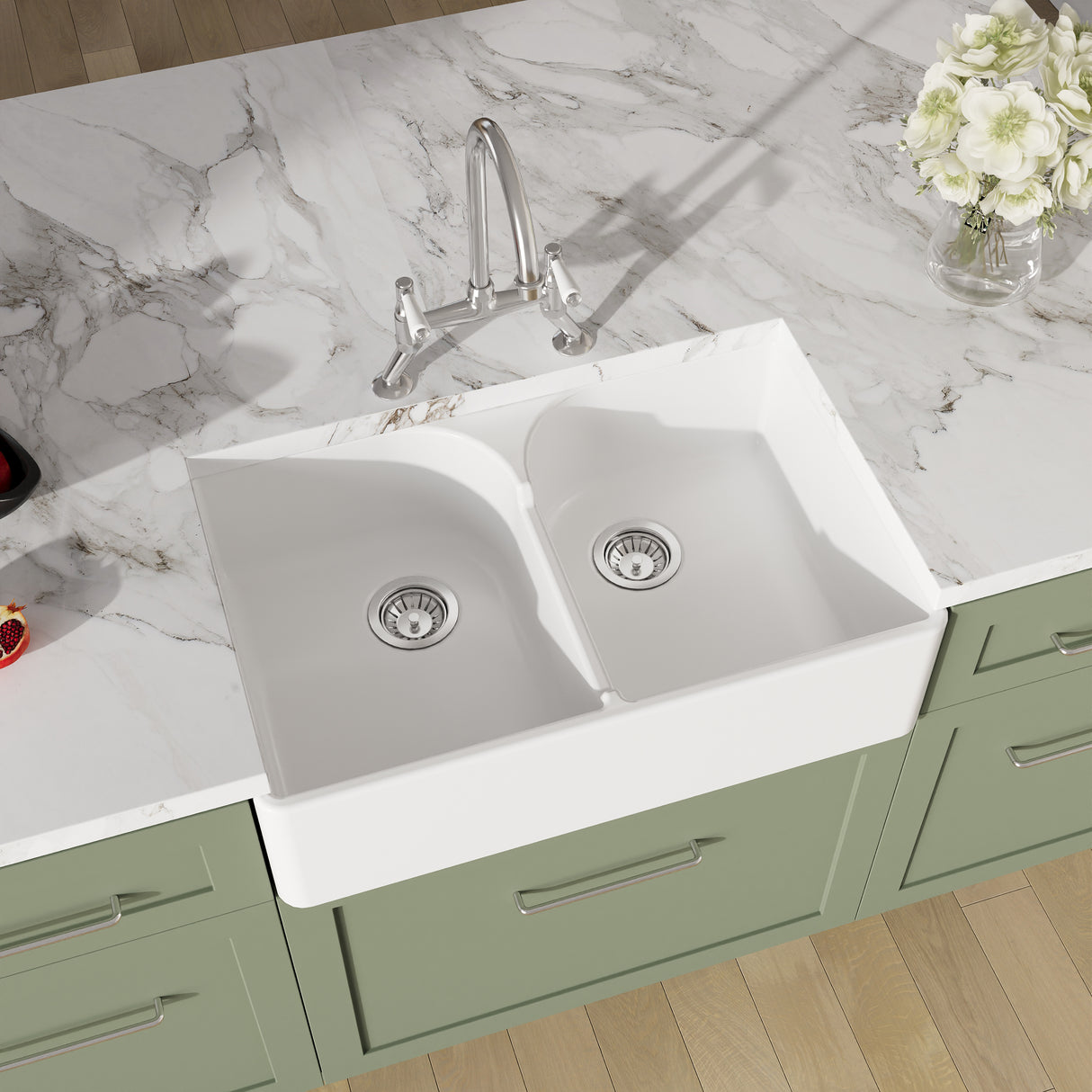 Fireclay Kitchen Bundle - Double Bowl Stepped Weir Butler Sink, Wastes & Bridge Lever Tap, 795mm - Chrome