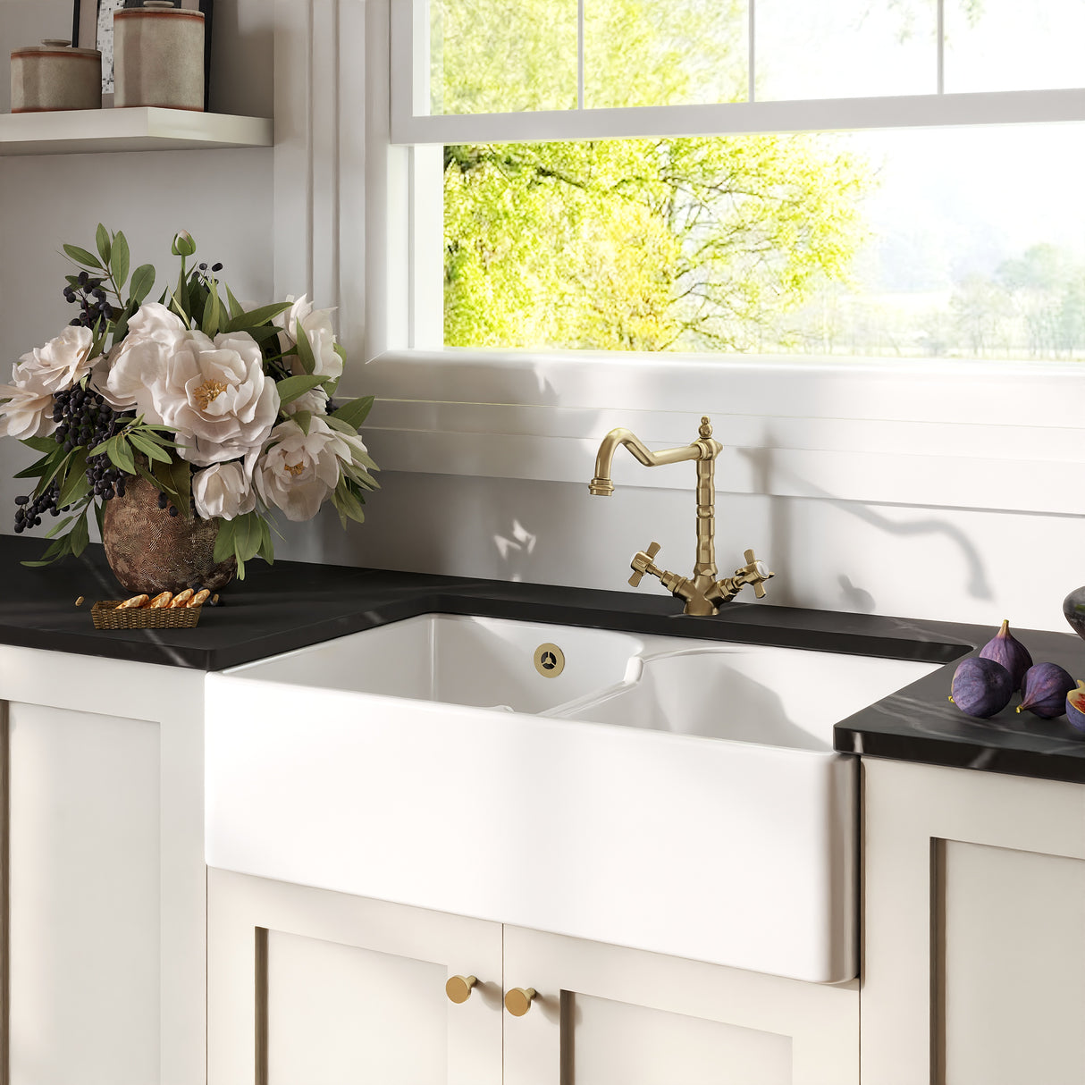 Fireclay Kitchen Bundle - Double Bowl Stepped Weir Butler Sink, Wastes & French Tap, 795mm - Brushed Brass