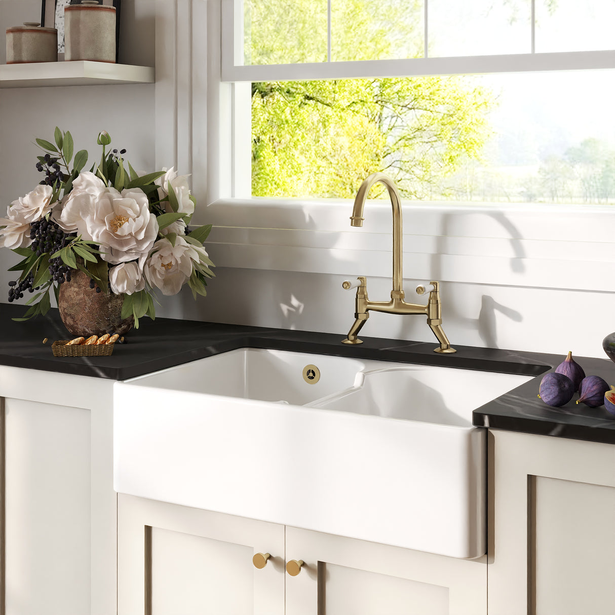 Fireclay Kitchen Bundle - Double Bowl Stepped Weir Butler Sink, Wastes & Bridge Lever Tap, 795mm - Brushed Brass