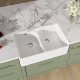 Fireclay Kitchen Bundle - Double Bowl Stepped Weir Butler Sink, Compatible Wastes & Bridge Lever Tap, 795mm - Chrome