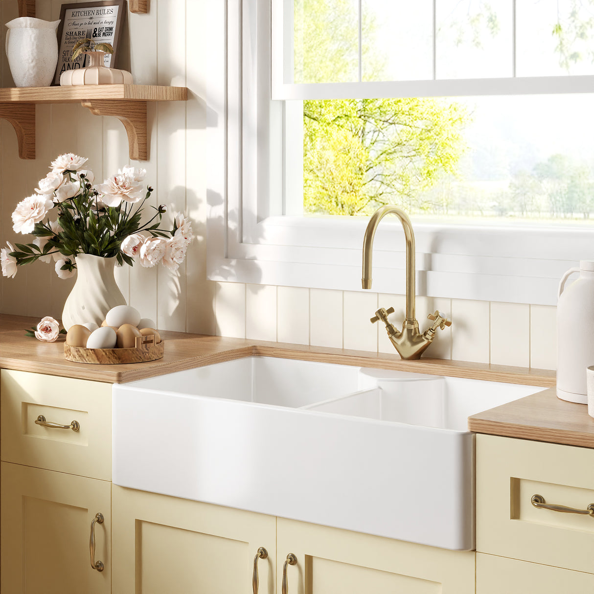 Fireclay Kitchen Bundle - Double Bowl Butler Sink, 2 x Wastes & Mono Crosshead Tap, 895mm - Brushed Brass