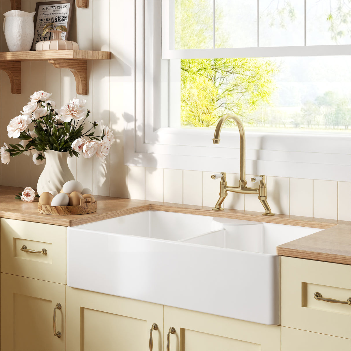 Fireclay Kitchen Bundle - Double Bowl Butler Sink, 2 x Wastes & Bridge Lever Tap, 895mm - Brushed Brass