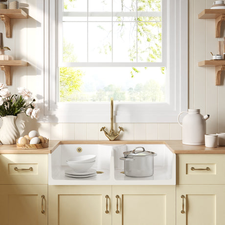 Fireclay Kitchen Bundle - Double Bowl Stepped Weir Butler Sink, Wastes & Mono Crosshead Tap, 895mm - Brushed Brass