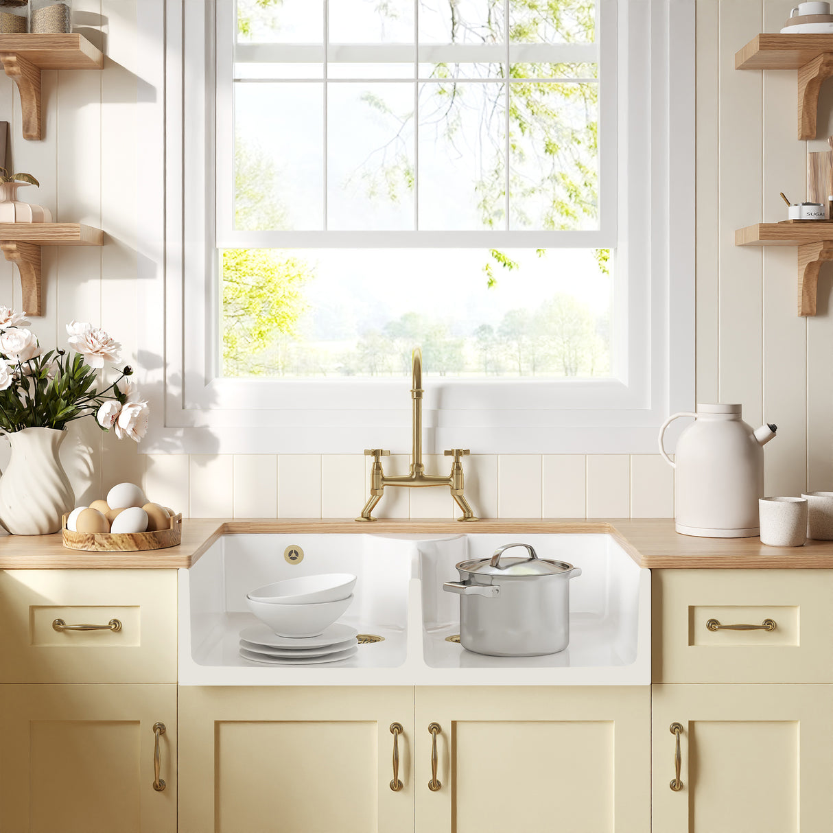 Fireclay Kitchen Bundle - Double Bowl Stepped Weir Butler Sink, Wastes & Bridge Crosshead Tap, 895mm - Brushed Brass