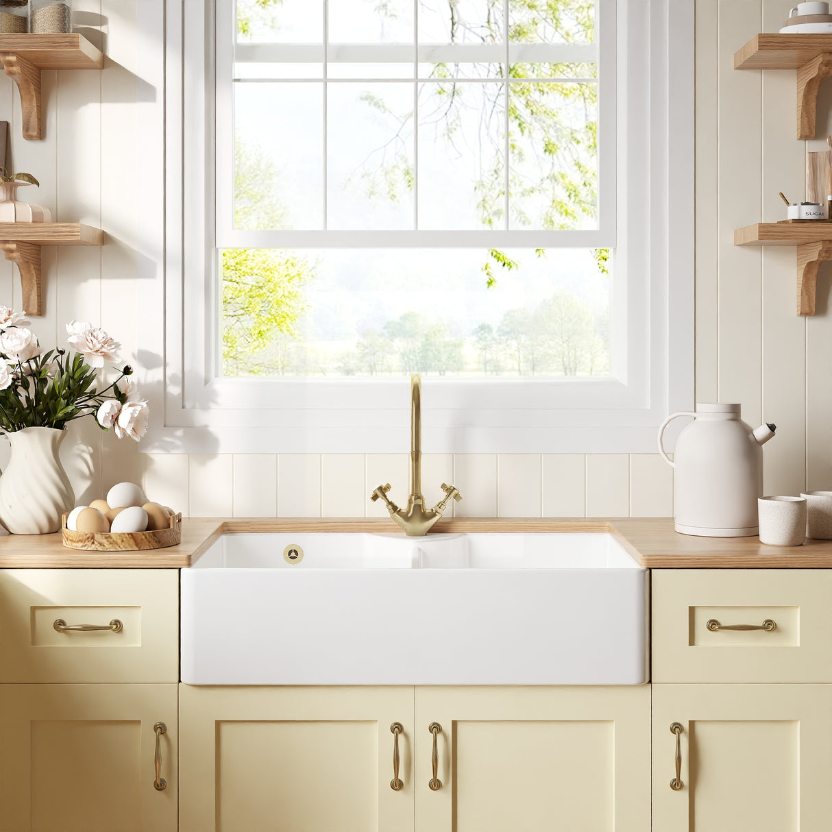 Double Bowl Fireclay Ceramic Stepped Weir Butler Kitchen Sink with a Tap Ledge, Tap Hole & Overflow