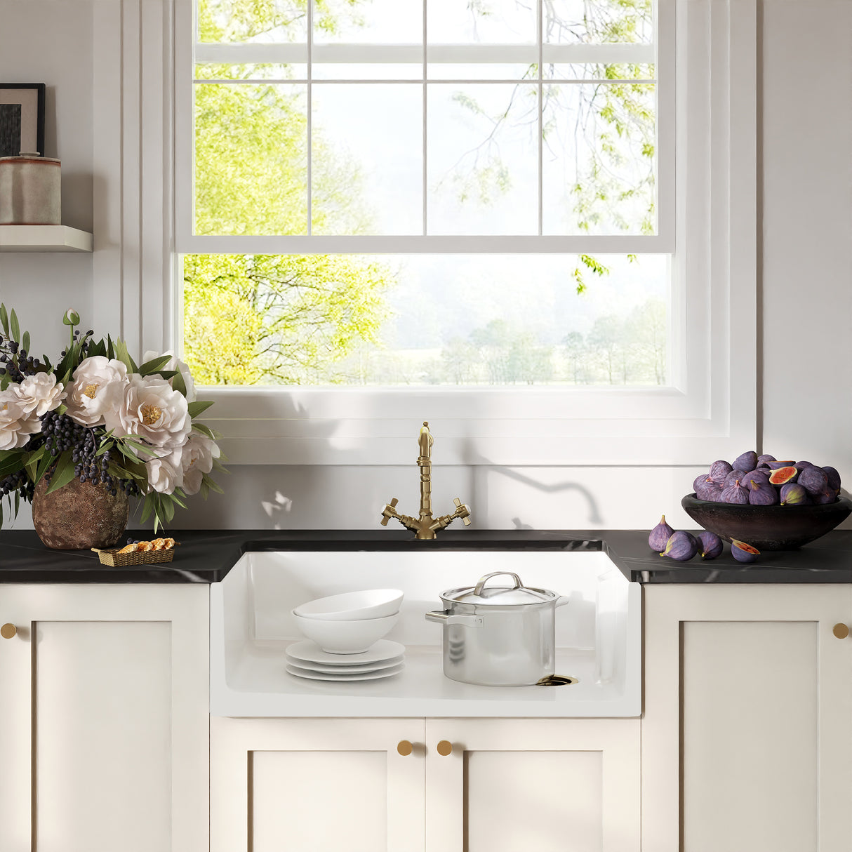 Fireclay Kitchen Bundle - Single Bowl Belfast Sink, Strainer Waste & French Classic Tap, 795mm - Brushed Brass