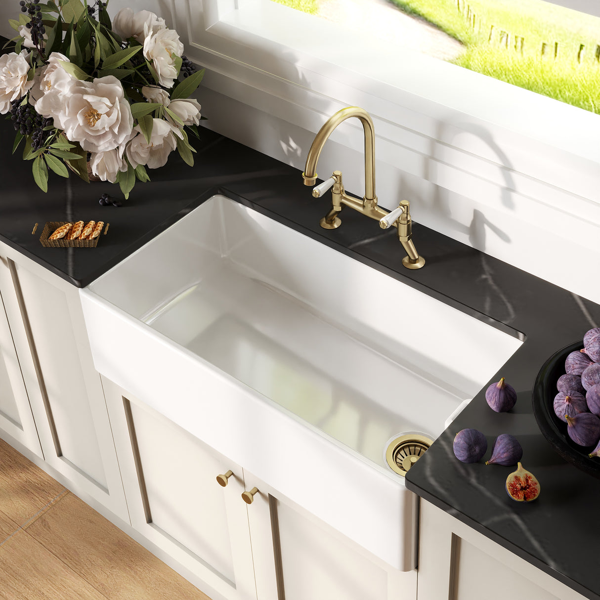 Fireclay Kitchen Bundle - Single Bowl Belfast Sink, Strainer Waste & Bridge Lever Mixer Tap, 895mm - Brushed Brass