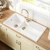 Fireclay Kitchen Bundle - 1.5 Bowl Sink & Drainer, Waste & Mono Crosshead Tap, 1010mm - Brushed Brass