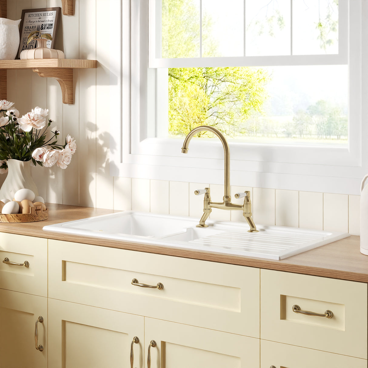 Fireclay Kitchen Bundle - 1.5 Bowl Sink & Drainer, Waste & Bridge Crosshead Tap, 1010mm - Brushed Brass