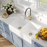 Double Bowl Fireclay Ceramic Fluted Front Butler Kitchen Sink with Stepped Weir