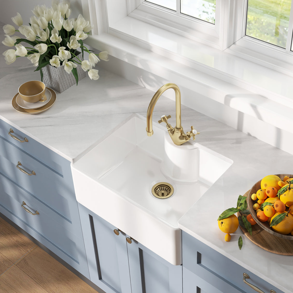 Fireclay Kitchen Bundle - Single Bowl Butler Sink with Overflow, Tap Hole, Waste & Mono Tap, 595mm - Brushed Brass