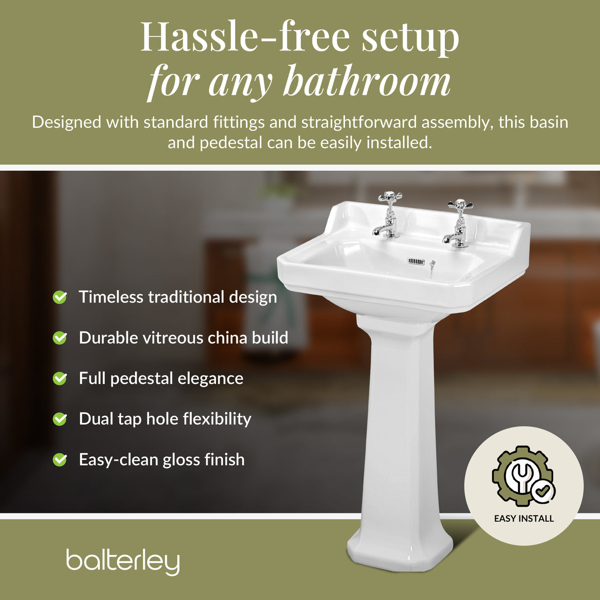 Traditional White 2 Tap Hole Bathroom Basin & Full Pedestal – 560mm