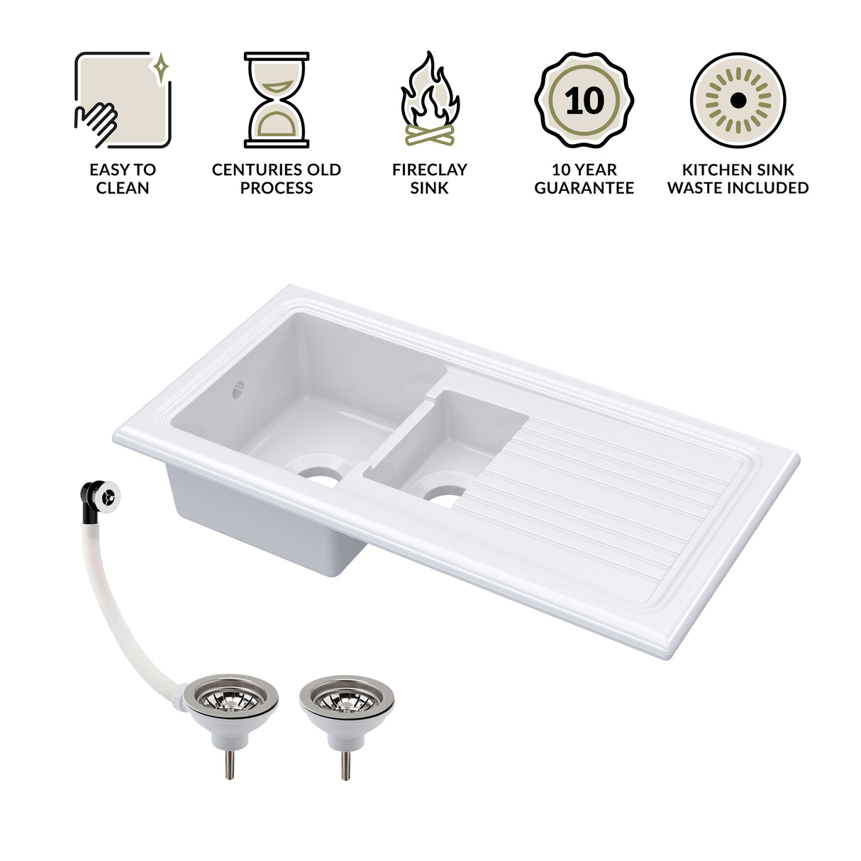 1.5 Bowl Fireclay Ceramic Inset Kitchen Sink with Compatible Drainer Wastes - 1010mm