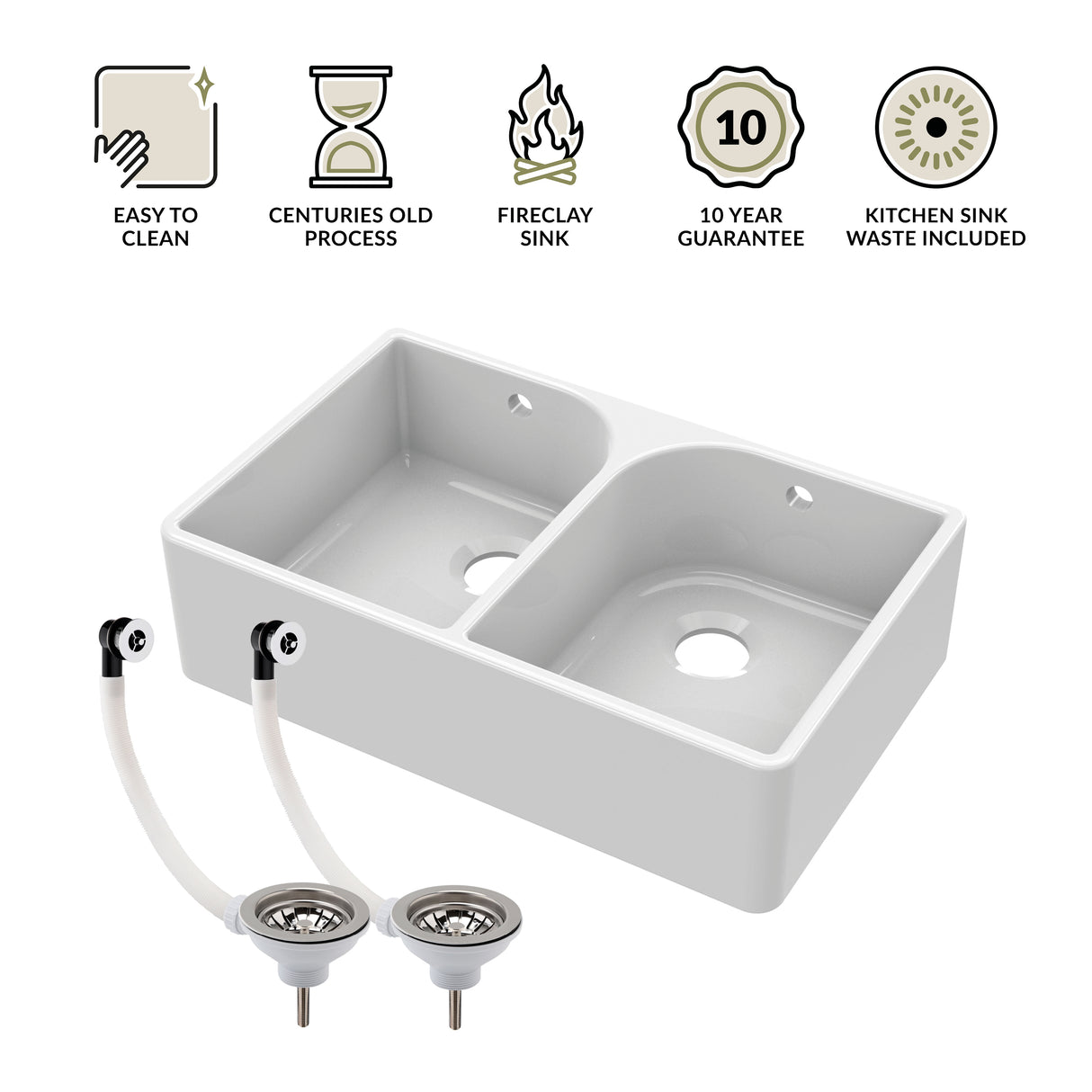 Double Bowl Fireclay Ceramic Butler Kitchen Sink Bundle with Overflows & Wastes